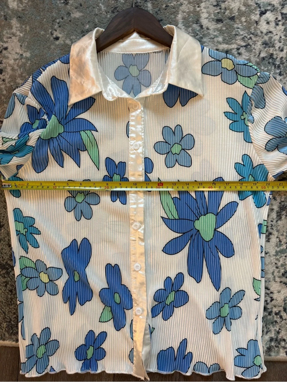 Retro Blue Floral Pleated Blouse Skirt Matching Set Festival Boho Hippie Groovy